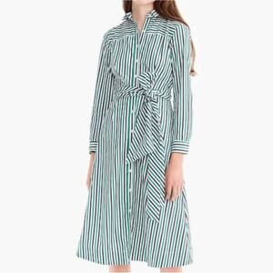 J. Crew Dress Womens 4 Green Striped Tie Waist Shirtdress Preppy Classic Button